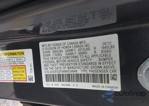 2022 Honda Civic Sport из США, поврежденный, VIN 2HGFE2F54NH534648